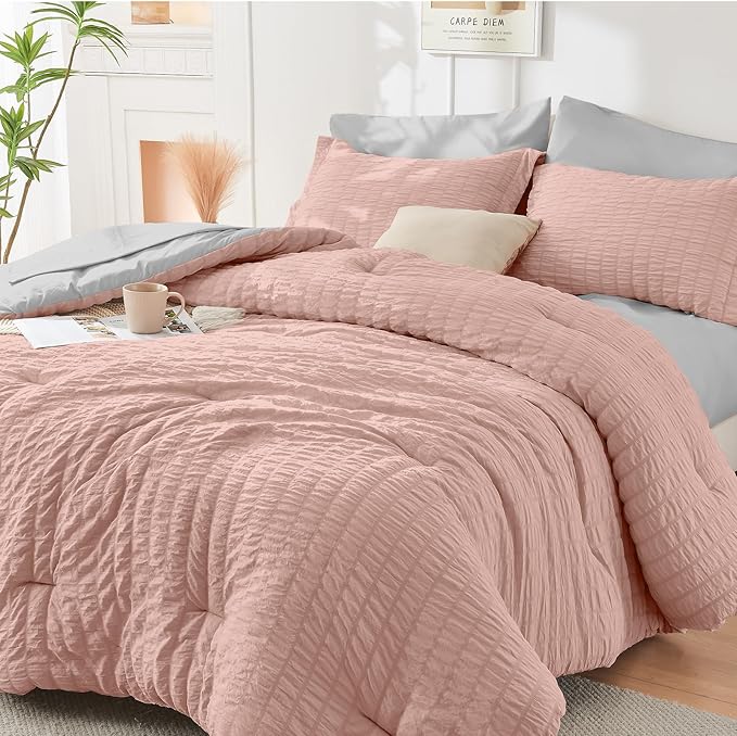 HYMOKEGE Rose Gold/Light Grey Twin Comforter Set Seersucker 5 Pieces, All Season Luxury Bed in a Bag for Bedroom, Bedding Set with Comforter, Sheets, Pillowcase & Sham