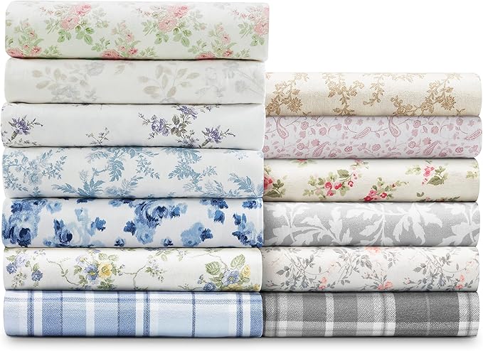 Laura Ashley - Flannel Sheets Queen Size, Anti-Pilling & Wrinkle Resistant Cotton, Touchably Soft for All-Season Comfort - Bed Sheets with Matching Pillowcases & Fitted Sheet (Victoria Beige)