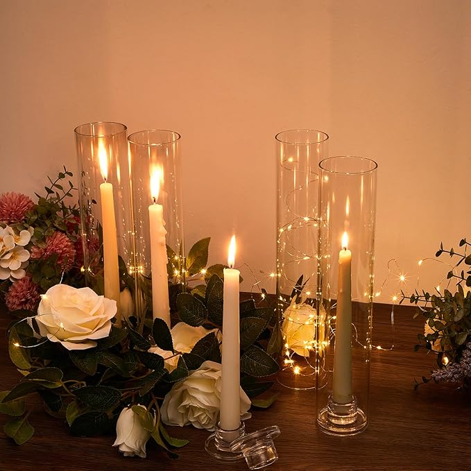 24 Set Glass Hurricane Candle Holders 11.8" Open Ended Glass Candleholder Tube Shape Bottomless and 1.26" Taper Clear Candlestick Holders for Wedding Party Table Centerpiece