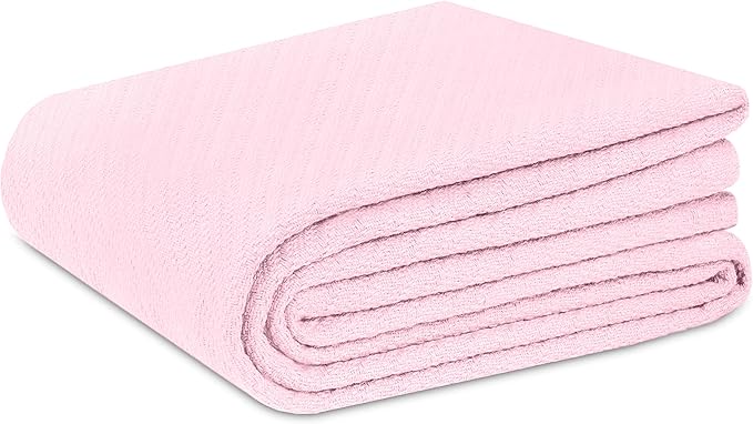 COTTON CRAFT Soft Cotton Thermal Blanket - Plush Herringbone Twill - All Season Luxurious Breathable Skin Friendly Lightweight Cooling Throw Blanket - Sofa Couch Travel Camping Dorm - Twin Light Pink