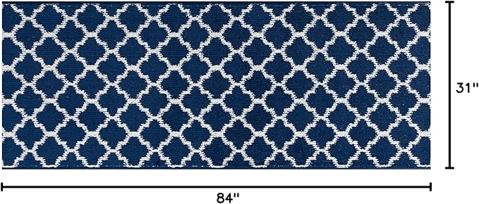 Custom Size Cut to Length Moroccan Trellis Design Runner Rug Mat For Wide Long Hallways with Non-Slip Rubber Backing, Better Traction for Pets, Prevent Slippage, Trellis Navy Blue, 31 inch X 7 feet