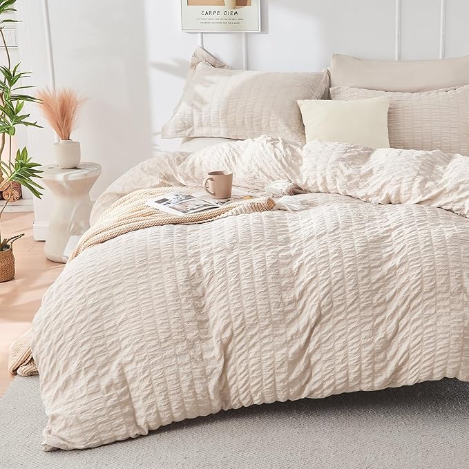 HYMOKEGE Beige Twin Comforter Set Seersucker 5 Pieces, All Season Luxury Bed in a Bag for Bedroom, Bedding Set with Comforters, Sheets, Pillowcase & Sham