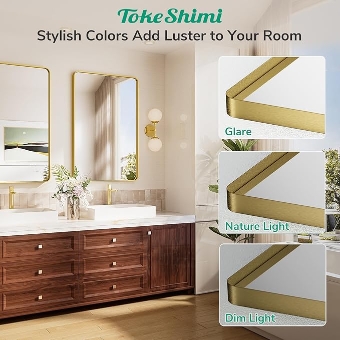 TokeShimi 36x36 Brushed Gold Bathroom Mirror,Bathroom Vanity Mirror Square,Tempered Glass,Gold Framed Bath Mirror Wall(Horizontal/Vertical)