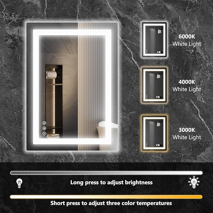 DUMOS 28"x 21" LED Bathroom Mirror with Lights, Dimmable Anti-Fog Front Lit Backlit Lighted Wall Mounted Rectangle for Vanity Makeup Memory Function Tempered Glass Shatter-Proof Horizontal&Vertically