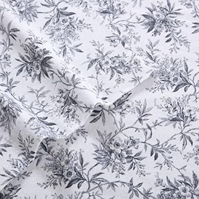 Laura Ashley - Flannel Sheets Full Size, Anti-Pilling & Wrinkle Resistant Cotton, Touchably Soft for All-Season Comfort - Bed Sheets with Matching Pillowcases & Fitted Sheet (Faye Toile Black)