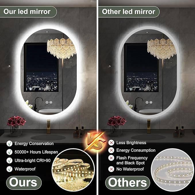 S'bagno 20x36 Inch Oval LED Mirror for Bathroom with Front and Backlight, Anti-Fog, 3 Colors Temperature & Dimmable, Bathroom Mirror with Lights with Memory Function, Waterproof, Shatter-Proof