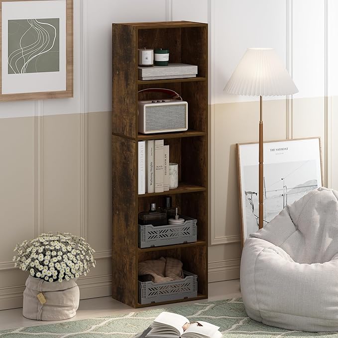 Furinno LUDER Book Shelf, 5-Tier Bookshelf, Bookcase, 9.4" x 15.8" x 52", for Living Room, Bedroom, Home Office, Amber Pine
