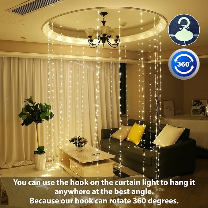 HXWEIYE 300LED Fairy Curtain Lights, 9.8x9.8Ft USB Plug-in 8 Modes Christmas String Hanging Lights with Remote for Bedroom Backdrop Wedding Party Indoor Wall Decor, Warm White, Tangle-Free