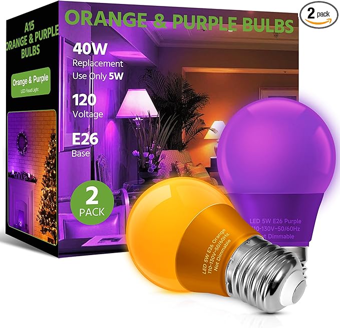 LED Orange and Purple Light Bulb, 40 Watt Equivalent LED A15 Bulb, 5 Watt Orange and Purple Color Light E26 Medium Bulb for Halloween, Christmas Decoration, Party, Holiday Mood Lighting, Pack of 2