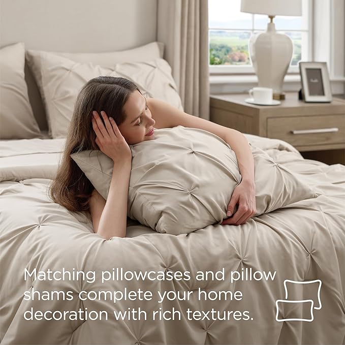 Bedsure Oversized Queen Comforter Set Beige - Bed in a Bag Bedding Set 7 Pieces, GentleSoft™ Pintuck Bed Set Gift for Family, Pinch Pleat All Season Comforter with Sheets, Pillowcases & Shams