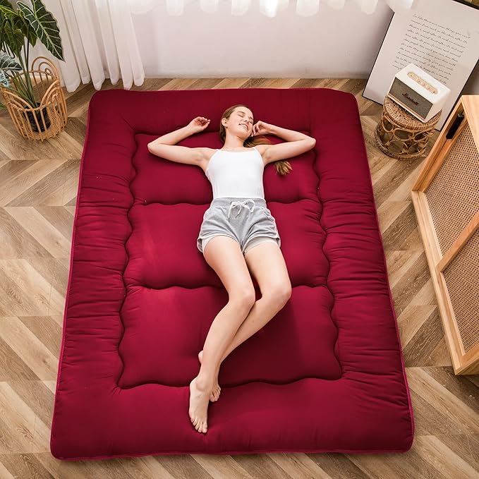 MAXYOYO Japanese Floor Mattress Futon Mattress, Thicken Sleeping Pad Foldable Roll Up Floor Futon for Adults Tatami Mat Dormitory Bed Lounger, Burgundy, Twin
