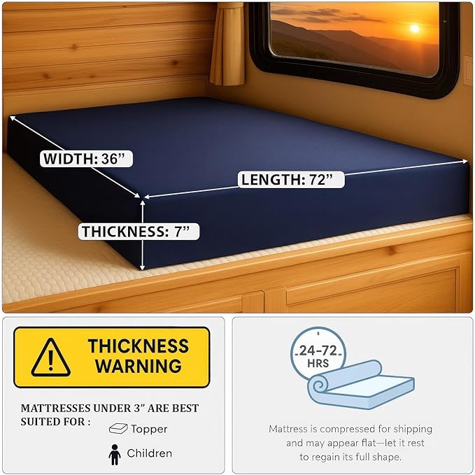Foamma 7” x 36” x 72” Water Resistant Gel Memory Foam RV Bunk Mattress, Firm High Density Foam Base, Comfortable and Durable Polyester Cover, Truck, Camper, Travel Trailer, Made in USA