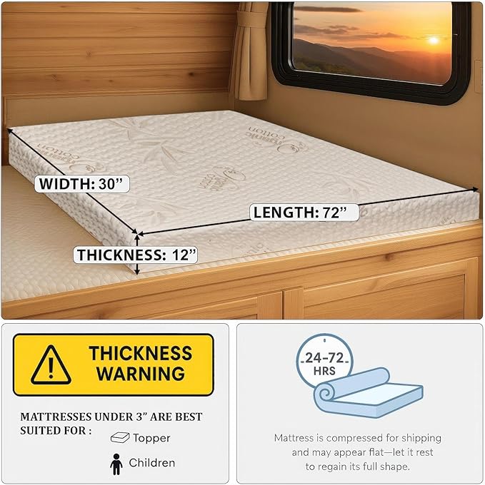 Foamma 12” x 30” x 72” Truck, Camper, RV High-Density Bunk Mattress, Washable Organic Cotton Cover, Made in USA, Comfortable, Travel Trailer, CertiPUR-US Certified