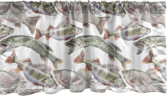 Ambesonne Fishes Window Valance, Watercolor Common Carp Perch and Bass Freshwater Animals Themed Seafood Drawing, Curtain Valance for Kitchen Bedroom Decor with Rod Pocket, 54" X 12", Pale Blue Grey