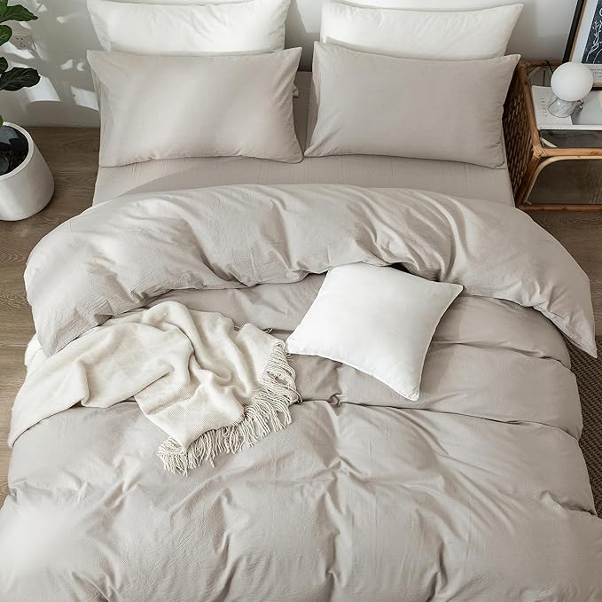 MooMee Bedding Duvet Cover Set 100% Washed Cotton Linen Like Textured Breathable Durable Soft Comfy (Heathered Cream Grey, Cal King 104"x98")