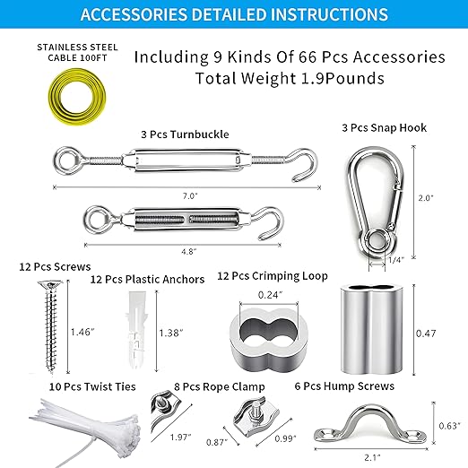 Globe String Light Suspension Kit, Outdoor Light Guide Wire, Vinyl Coated Stainless Steel Steel Cable，Include 100ft Transparent PVC and 304 Stainless Steel Wire Cable, Turnbuckle and Hooks