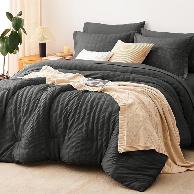 CozyLux Twin XL Comforter Set with Sheets Seersucker Dark Grey 5 Pieces Bed in a Bag, Twin Extra Long Luxury Bedding Sets for College Dorm with Down Alternative Comforter, Sheets, Pillowcases & Shams