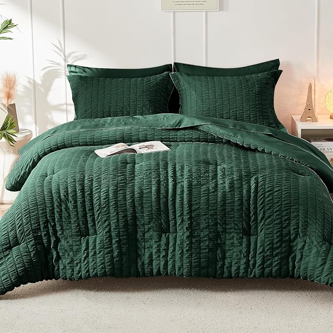 HYMOKEGE Emerald Green Full Size Comforter Sets Seersucker 7 Pieces, All Season Luxury Bed in a Bag for Bedroom, Bedding Set with Comforter, Sheets, Pillowcases & Shams