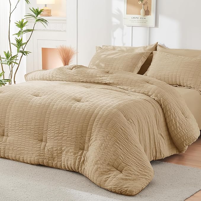 HYMOKEGE Khaki Full Size Comforter Sets Seersucker 7 Pieces, All Season Luxury Bed in a Bag for Bedroom, Bedding Set with Comforter, Sheets, Pillowcases & Shams