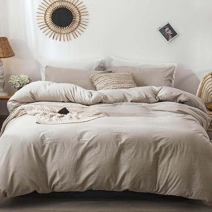 MooMee Bedding Duvet Cover Set 100% Washed Cotton Linen Like Textured Breathable Durable Soft Comfy (Heathered Tannish Linen Grey, Oversized King Plus 128"x120")