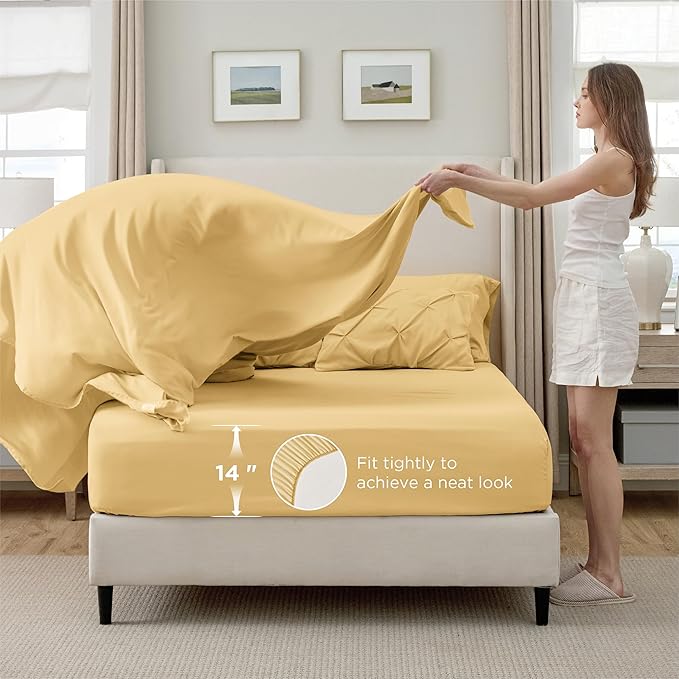 Bedsure Full Comforter Set Yellow - Bed in a Bag Full Size 7 Pieces, GentleSoft™ Pintuck Bed Set Gift for Family, Pinch Pleat Yellow Comforter with Sheets, Pillowcases & Shams