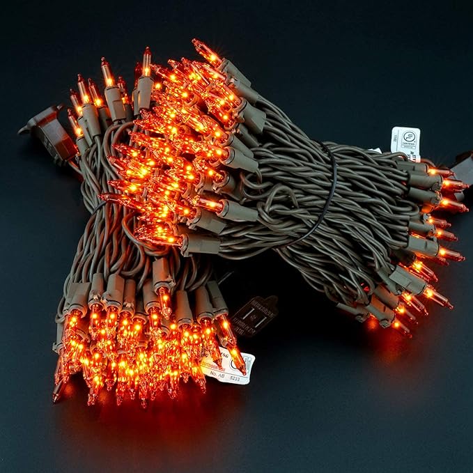 YULETIME Orange Christmas Lights with Brown Wire, 66 Feet 200 Count UL Certified String Lights, Pack of 2 Sets 33 Ft 100 Count Amber Incandescent Mini Light Set (Orange)