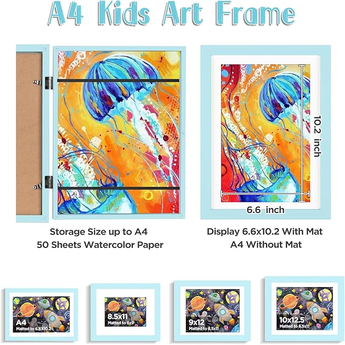 KINLINK A4 Kids Art Frames Set of 2, Solid Wood Kids Artwork Frames Changeable with Acrylic Front Opening Holds 150 Pictures, Art Frame for Kids Artwork with Mat or without Mat, Light Blue