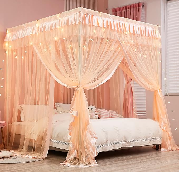 Mengersi Canopy Bed Curtains for Girls Kids - Bed Canopy for Girls Bed Drapes Mosquito Net - Cute Princess Bedroom Decoration Accessories(Full, Peach)