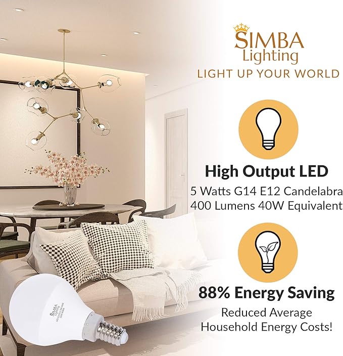 Simba Lighting LED Candelabra E12 Base G14 Small Globe 5W 40W Replacement Light Bulb (6 Pack) for Ceiling Fan, Chandelier, Vanity, Round A15 Frosted White Cover, Non-Dimmable, 4000K Natural Light
