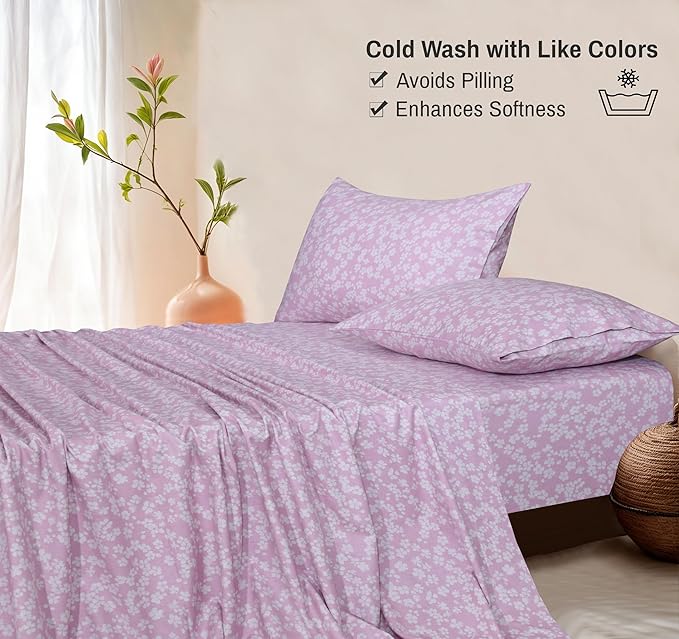RUVANTI Flannel Sheets Twin Size - 100% Cotton Double Brushed Twin Sheets Set, Deep Pockets 16 Inches, All Seasons Breathable & Extra Soft Bed Sheets, Warm & Cozy, 3 Piece, Pink Flora
