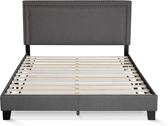 Furinno Laval Double Row Nail Head Upholstered Platform Bed Frame, Queen, Stone