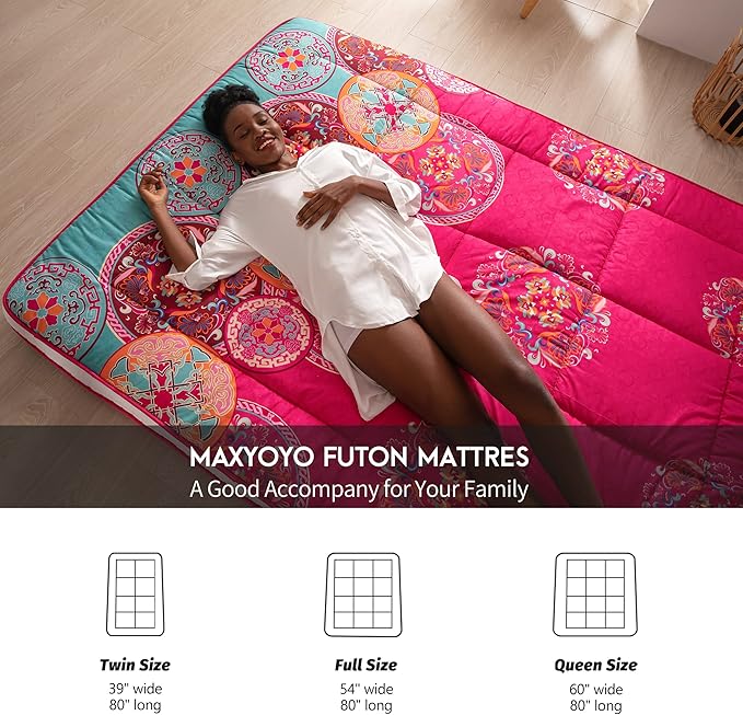 MAXYOYO Bohemian Style Futon Mattress, Padded Japanese Floor Mattress Quilted Bed Mattress Topper, Extra Thick Folding Sleeping Pad Breathable Floor Lounger Guest Bed for Camping Couch, Red, Full