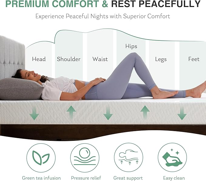 King Mattress in a Box, 12 inch Mattresses Made in USA for Platform Bed Double Size Daybed, Green Tea Memory Foam Mattress for Cool Sleep & Pressure Relief, Medium Firm