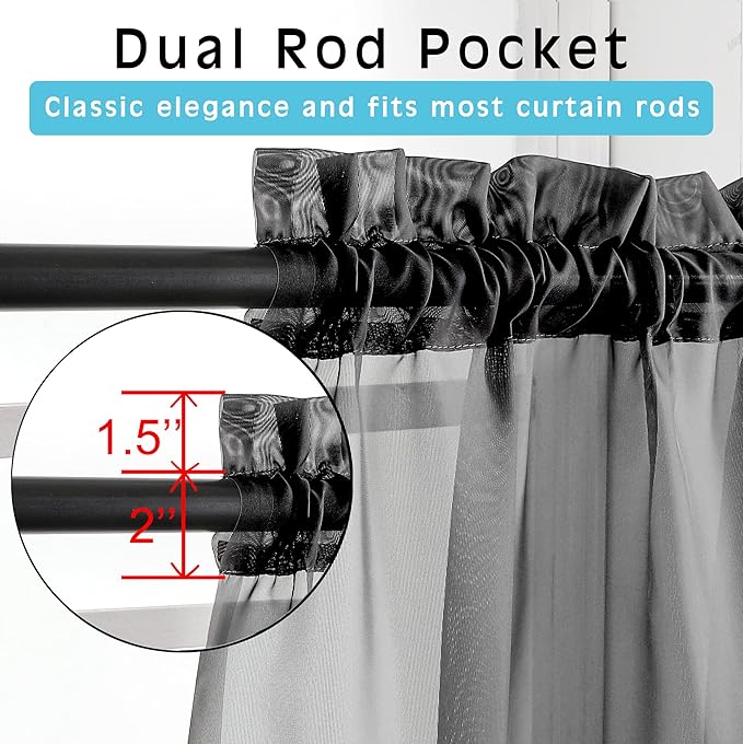 OVZME 45 Inches Length Black Sheer Curtains for Small Windows Rod Pocket 2 Panels Set, Lightweight & Breathable & Soft Touching Voile Panels for Kitchen, Each 42" Wx45 L, Black