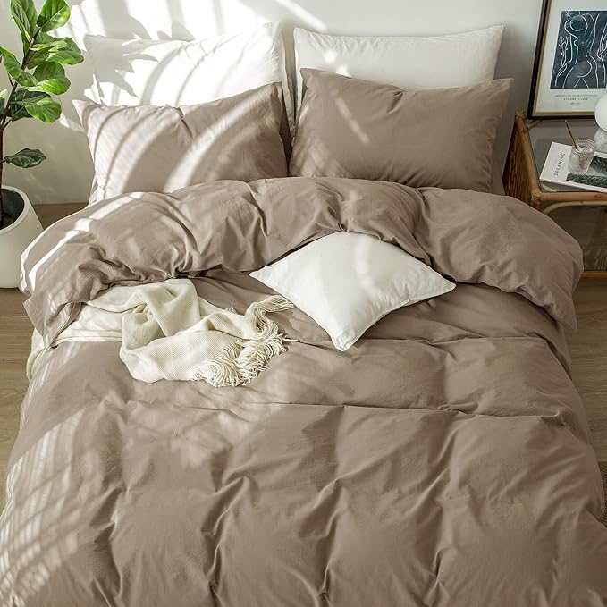 MooMee Bedding Duvet Cover Set 100% Washed Cotton Linen Like Textured Breathable Durable Soft Comfy (Solid Mocha Brown, Twin 68"x90")