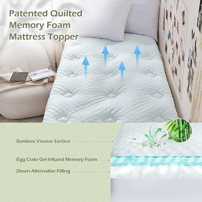 Hansleep College Dorm Twin XL Mattress Topper Viscose Derived from Bamboo, Memory Foam Pillow Top Mattress Topper Twin XL, Breathable Mattress Pad for Back Pain Relief, 39" x 80", White