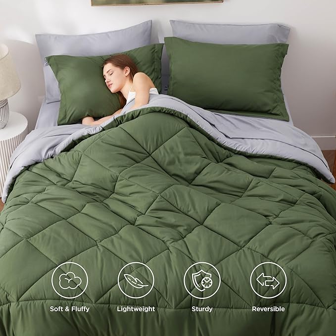 Bedsure Twin Size Comforter Set - 7 Pieces Reversible Olive Green Bedding, Twin Size Bed Set for All Seasons, Bed in a Bag with Down Alternative Comforter, Sheets, Pillowcase & Sham