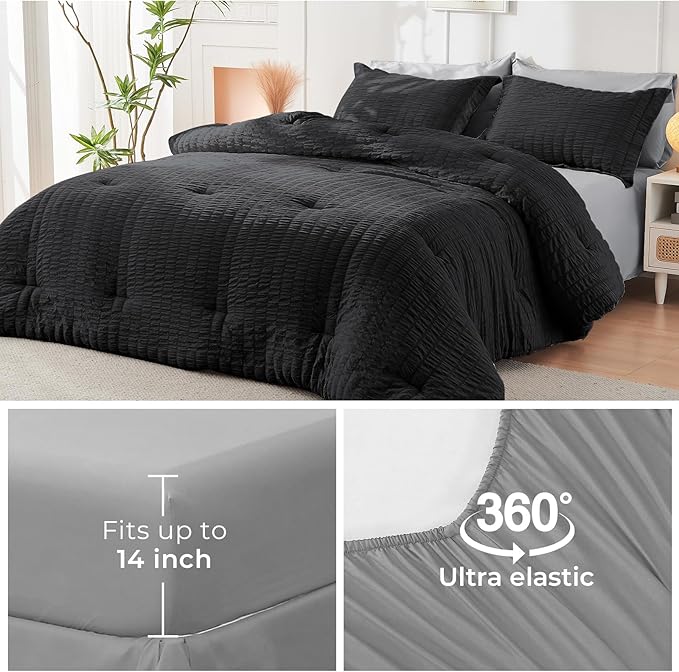 HYMOKEGE Black/Light Grey Twin Comforter Set Seersucker 5 Pieces, All Season Luxury Bed in a Bag for Bedroom, Bedding Set with Comforter, Sheets, Pillowcase & Sham