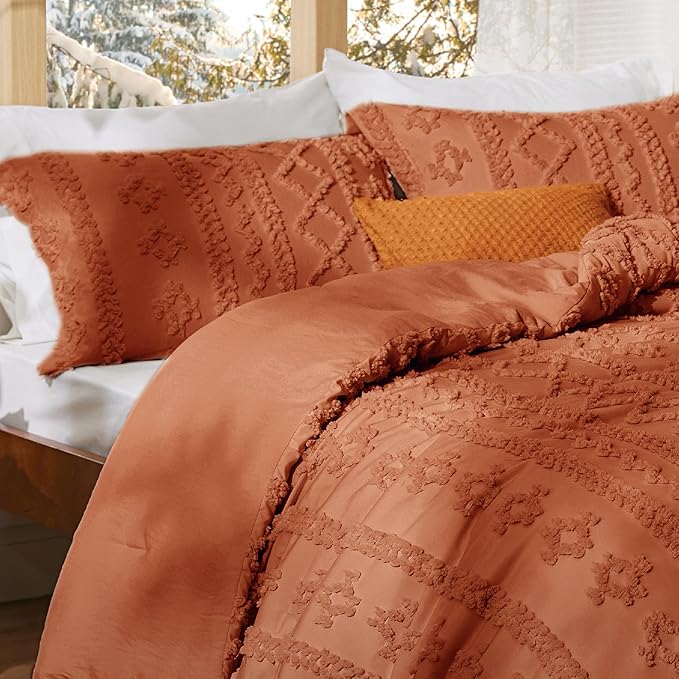 Bedsure Tufted Boho Comforter Set King Size - Terracotta Boho Bed Set, GentleSoft™ 3 Pieces Farmhouse Shabby Chic Embroidery Bedding, Gifts for Woman, Soft Jacquard King Comforter for All Seasons