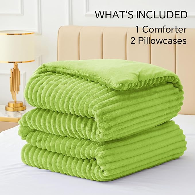 BEDELITE Fleece King Comforter Set -Super Soft & Warm Fluffy Dark Citron Bedding, Luxury Fuzzy Heavy Bed Set for Winter with 2 Pillow Cases