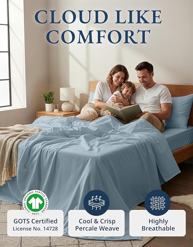 LANE LINEN 100% Organic Cotton Bed Sheets King Size, Soft & Comfy Fully Elasticized Percale Bedding Sheets & Pillowcase Set, Low Pilling Machine Washable All Season King Sheet- French Blue