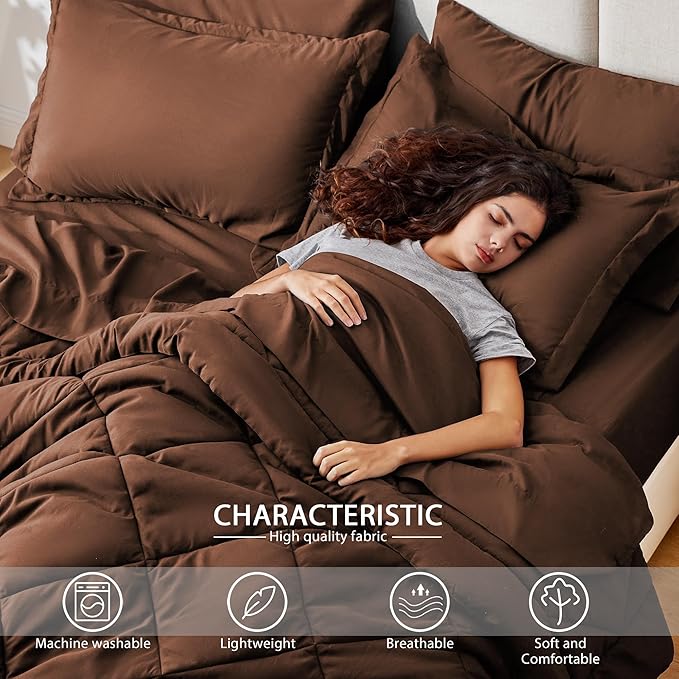 Love's cabin Twin Comforter Set Brown, 5 Pieces Twin Bed in a Bag, All Season Bedding Sets with 1 Comforter, 1 Flat Sheet, 1 Fitted Sheet, 1 Pillowcase and 1 Pillow Sham