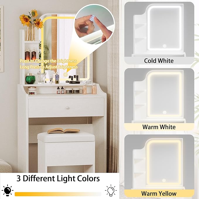 LIKIMIO Small Makeup Vanity Desk with Mirror and Lights, Vanity Table Set with Storage Drawer, Chair and Three Shelves, Bedroom, White