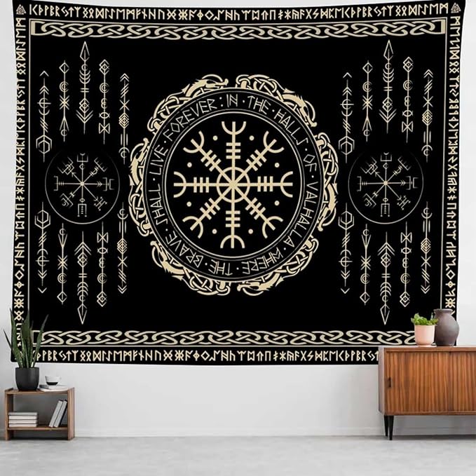 OSUNBD Nordic Vikings Tapestry Large 84x90inches Soft Flannel Vegvsir Symbol Amulet Celtic Rune Scandinavian Aesthetic Mythology Tapestry Wall Hanging for Bedroom Living Room Decor