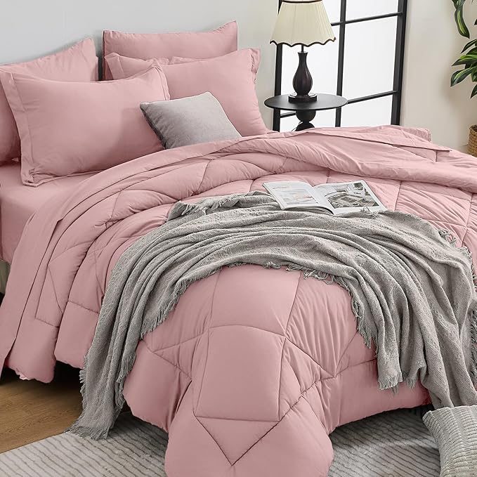 HEVUMYI Rose Gold Twin Comforter Set - 5-Piece All Season Bed in a Bag Twin, Ultra Soft Bedding Set with Comforter, Flat Sheet, Fitted Sheet, Pillowcases, Pillow Shams