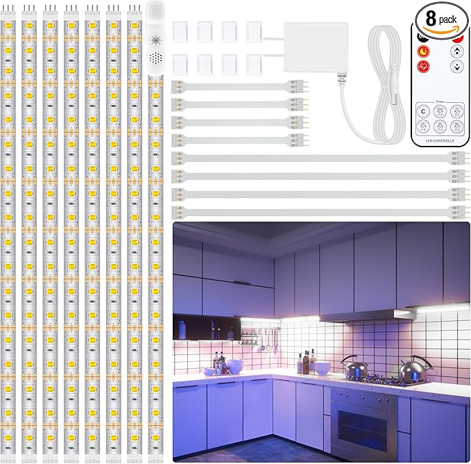 LAFULIT 8 PCS Under Cabinet Lighting Kit, Bright Under Cabinet Lights, Flexible Led Strip Lights with Remote and Power Adapter, for Kitchen Cabinets Shelf Desk Counter, 6000K Daylight White, 13ft