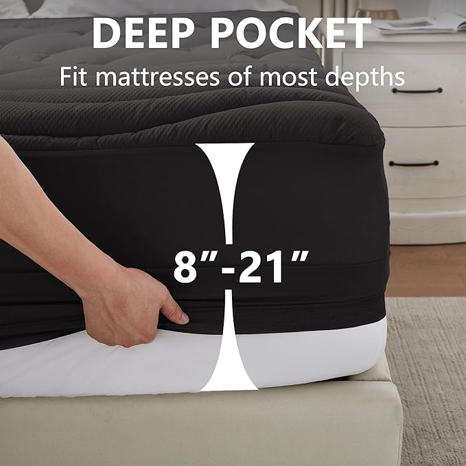 Twin Size Mattress Pad Waterproof, Pillow Top Cooling Twin Mattress Topper for Single Bed, Pee Proof Mattress Protector Cover Quilted Fitted with 8-21" Deep Pocket (39x75 inch, Black)
