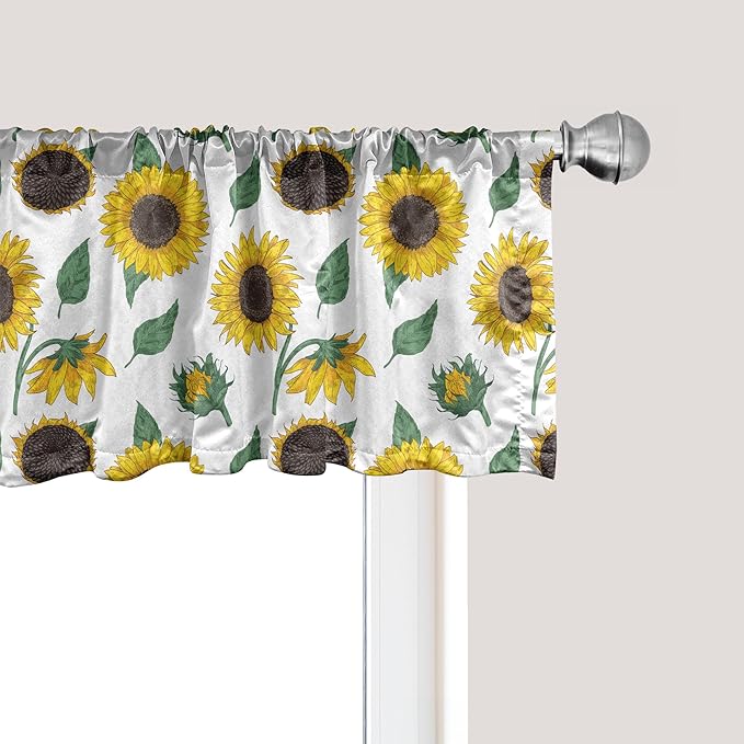 Ambesonne Sunflower Window Valance Pack of 2, Agricultural Pattern Botanical Inspiration Hand-Drawn Flowers, Rod Pocket Curtain Valances for Kitchen Bedroom, 54" X 12", Reseda Green Dark Brown