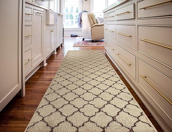 Custom Size Modern Runner Rug Carpet for Hallway Entryway Foyer Kitchen, Slip Resistant Latex Rubber Backed 31 inch Wide X Customized Length, Trellis Beige, 31 inch X 9 feet