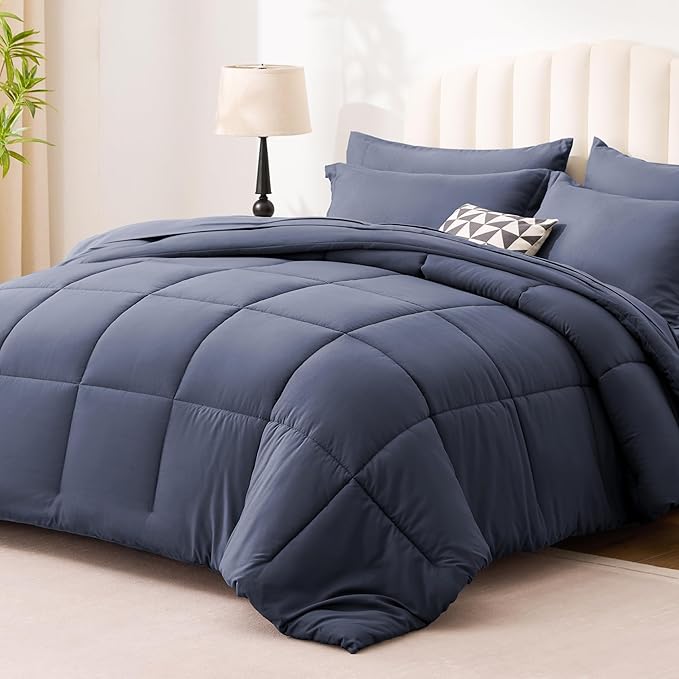 Love's cabin Twin Comforter Set Indigo Blue, 5 Pieces Twin Bed in a Bag, All Season Bedding Sets with 1 Comforter, 1 Flat Sheet, 1 Fitted Sheet, 1 Pillowcase and 1 Pillow Sham